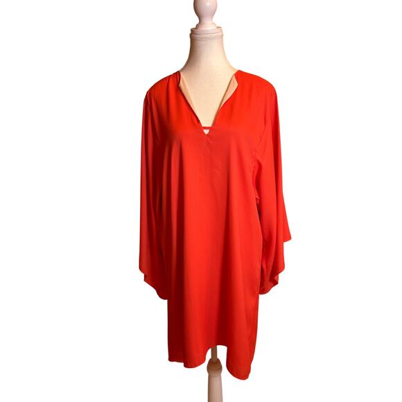 Elaine Turner Dresses & Skirts - Elaine Turner | Coral/Orange Wide Sleeve V Neck Flowy Tunic Dress | Small